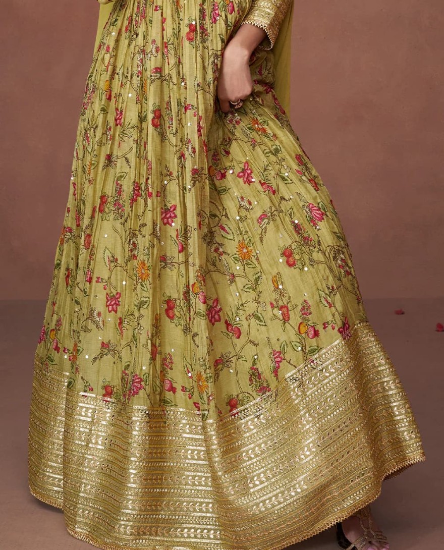 5303 - Mehendi Green Floral Printed Organza Silk Anarkali Suit with Embroidery work